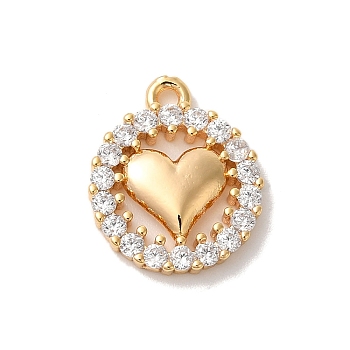 Brass Micro Pave Clear Cubic Zirconia Pendants, Nickle Free, Heart with Round, Real 18K Gold Plated, 15x12x3mm, Hole: 1mm