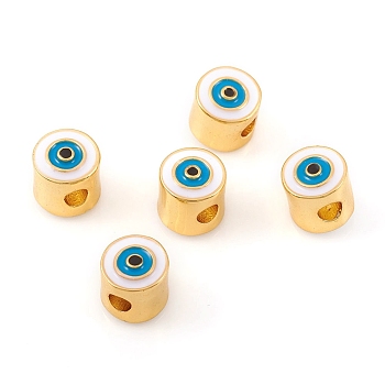 Brass Enamel Beads, Column with Eye, Real 18K Gold Plated, 7.5x7mm, Hole: 2.5mm