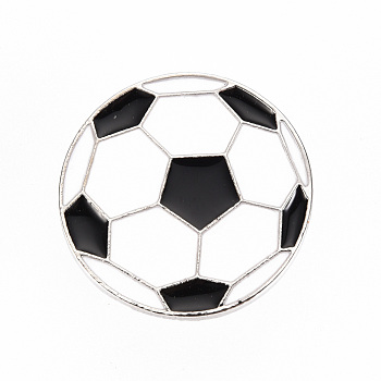 Alloy Enamel Brooches, Enamel Pins, with Brass Butterfly Clutches, FootBall/Soccer Ball, Cadmium Free & Nickel Free & Lead Free, Platinum, White, 1 inch(25.5mm), Pin: 1mm