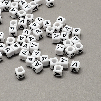 Large Hole Acrylic Letter European Beads, Horizontal Hole, White & Black, Cube with Letter.A, 7~8x7~8x7~8mm, Hole: 4mm, about 1144pcs/500g