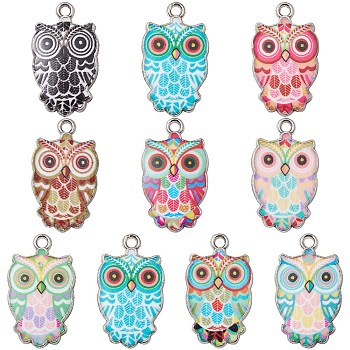 Printed Alloy Pendants, Platinum, Owl Charm, Mixed Color, 23x13.5x2mm, Hole: 1.7mm
