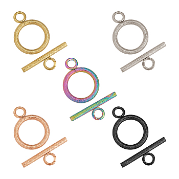 20 Sets 5 Colors Vacuum Plating 304 Stainless Steel Toggle Clasps, for DIY Jewelry Making, Textured, Ring, Mixed Color, Bar: 7x20x2mm, Hole: 3mm, Ring: 19x14x2mm, Hole: 3mm, 4 sets/color