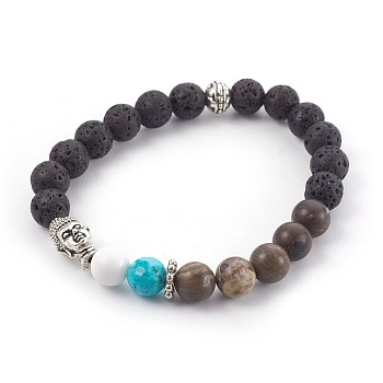 Natural Flower Agate and Natural & Synthetic Mixed Gemstone Beads Stretch Bracelets, with CCB Plastic Bead Spacers and Alloy Beads, Buddha Head, 2-1/4 inch(5.7cm)
