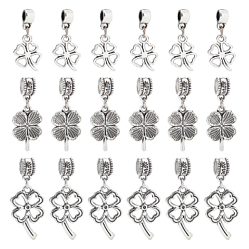 48Pcs 3 Styles Tibetan Style Alloy European Dangle Charms, Large Hole Pendants, Hollow Clover, Antique Silver, 27.5~34mm, Hole: 4~4.5mm, 16pcs/style