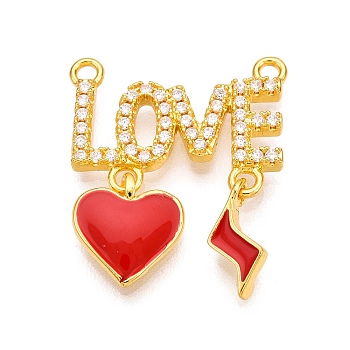 Brass Micro Pave Cubic Zirconia Pendants, with Enamel, word LOVE with Heart Charms, Real 18K Gold Plated, 21x17.5x2mm, Hole: 1.4~1.5mm