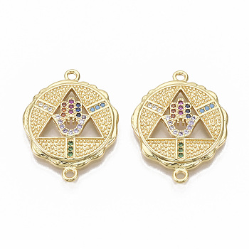 Brass Micro Pave Cubic Zirconia Links connectors, Nickel Free, Flat Round with Triangle with Hamsa Hand/Hand of Fatima/Hand of Miriam, Colorful, Real 16K Gold Plated, 26x19.5x3mm, Hole: 1.6mm