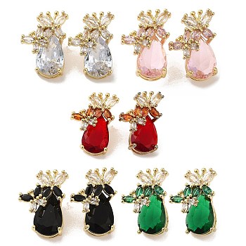 Rack Plating Real 18K Gold Plated Brass Butterfly Stud Earrings, with Cubic Zirconia and Rhinestone, Long-Lasting Plated, Lead Free & Cadmium Free, Mixed Color, 18.5x13mm
