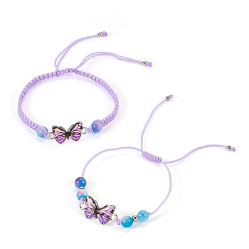 Adjustable Nylon Braided Bead Bracelets, Alloy Butterfly Link Bracelets for Women, Lilac, Inner Diameter: 5/8 ~3-3/8 inch(1.5~8.5cm), 2pcs/set