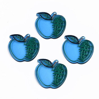 Transparent Acrylic Pendants, 3D Printed, Apple, Dodger Blue, 29x30x2.5mm, Hole: 1.5mm