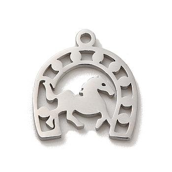 304 Stainless Steel Charms, Laser Cut, Horseshoe with Horse Charm, Stainless Steel Color, 13.5x12x1mm, Hole: 1.2mm