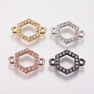Brass Micro Pave Cubic Zirconia Links, Hexagon, Clear, Mixed Color, 10x14x2mm, Hole: 1mm(KK-I614-037)