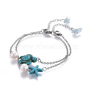 Dyed Synthetic Turquoise Link Bracelets, with Natural Pearls, Natural Aquamarine Chip Beads and 304 Stainless Steel Lobster Claw Clasps, Tortoise and Starfish/Sea Stars, Turquoise, 7-1/8 inch(18cm), 2pcs/set(BJEW-JB04196)