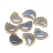 Natural Agate Gemstone Semi Circle Pendants, with Brass Findings, Faceted, Dyed, Half Round, Golden, Gray, 32x25~26x7mm, Hole: 2mm(G-Q972-05)