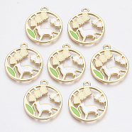 Alloy Pendants, with Enamel, Round Ring with Cat Shape and Flower, Golden, Colorful, 25x21.5x1.5mm, Hole: 2mm(ENAM-S120-008)