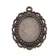 Metal Alloy Pendant Cabochon Settings, Setting for Cabochon, Cadmium Free Nickel Free & Lead Free, Flower, Antique Bronze, Oval Tray: 14x18mm, 31x23x3mm, Hole: 2.5mm(X-PALLOY-A16474-AB)