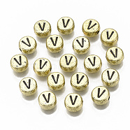 Plating Acrylic Beads, Horizontal Hole, Flat Round with Letter, Golden Plated, Black, Letter.V, 7x4mm, Hole: 1.2mm.(X-PACR-CD0001-V)