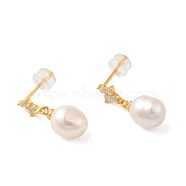 Sterling Silver Dangle Earrings, with Natural Pearl,  Jewely for Women, Oval, Real 18K Gold Plated, 19x8mm(EJEW-K273-20G)