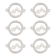 6Pcs Brass Micro Pave Clear Cubic Zirconia Connector Charms, Lead Free & Nickel Free & Cadmium Free, Hollow Flat Round Links with Mountain, Platinum, 12x15.5x2mm, Hole: 1mm(KK-UN0001-44)