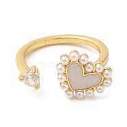 Cubic Zirconia Heart Open Cuff Ring with ABS Plastic Pearl Beaded, Brass Finger Ring for Women, Cadmium Free & Lead Free, Real 18K Gold Plated, Inner Diameter: 18mm(RJEW-M148-05G)
