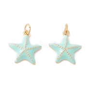 Rack Plating Brass Enamel  Pendants, Long-Lasting Plated, Real 18K Gold Plated, Cadmium Free & Nickel Free & Lead Free, Starfish, Light Cyan, 16x15x3.5mm, Jump Ring: 5x0.7mm, 3mm Inner Diameter(KK-B053-40G)