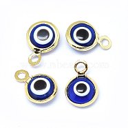 Handmade Evil Eye Lampwork Charms, with Brass Findings, Flat Round, Blue, Real 18K Gold Plated, 10x6.5x3mm, Hole: 1.5mm(X-KK-F764-13G-04)