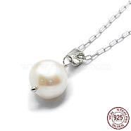 Natural Pearl Pendant Necklace with 925 Sterling Paperclip Chains, with S925 Stamp, Real Platinum Plated, 17.72 inch(45cm)(NJEW-I124-149)