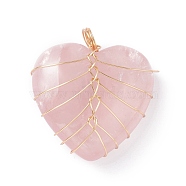 Natural Rose Quartz Pendants, with Real 18K Gold Plated Eco-Friendly Copper Wire, Heart, 34x30.5x17mm, Hole: 5.5mm(PALLOY-JF01104-01)