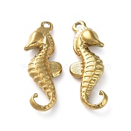 Ion Plating(IP) 304 Stainless Steel Pendants, Sea Horse Charm, Golden, 28.5x11x4mm, Hole: 1mm(STAS-P324-18G)