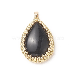 Natural Obsidian Pendants with Japanese Seed Wrapped, Teardrop Charms with Brass Snap on Bails, Golden, 32x23x9mm, Hole: 4x3mm(PALLOY-MZ00101-01)
