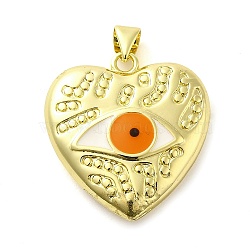 Real 18K Gold Plated Brass Pendants, with Enamel, Heart with Eye Charm, Dark Orange, 25x23.5x6mm, Hole: 5x3.5mm(KK-A198-07G-03)