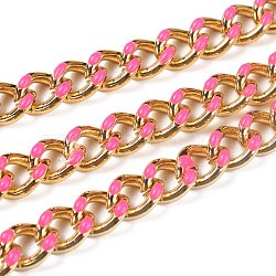Golden Brass Enamel Curb Chain, Twisted Chain, Long-Lasting Plated, with Spool, Unwelded, Deep Pink, 10.5x8x3.5mm, 32.8 Feet(10m)/roll(CHC-H103-07F-G)