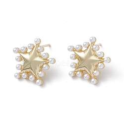 Long-Lasting Plated Brass Stud Earrings with Plastic Pearl for Women, Lead Free & Cadmium Free, Star, Real 18K Gold Plated, 19x20x2.7mm, Pin: 0.9mm(EJEW-A088-09G)