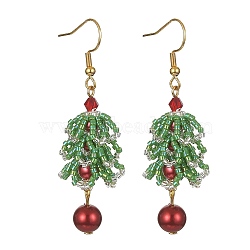 MIYUKI Delica Beaded Christmas Tree with Glass Pearl Dangle Earrings, 304 Stainless Steel Long Drop Earrings, Medium Sea Green, 58.5mm(EJEW-MZ00090)