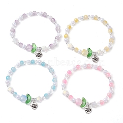 Tulip & Star & Round Two Tone Glass Imitation Jade Beaded Stretch Bracelets, Made with Love Heart Alloy Charm Bracelets for Women, Mixed Color, Inner Diameter: 2-1/4~2-3/8 inch(5.7~6cm)(BJEW-JB10684)