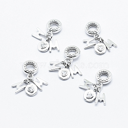 Mother's Day Theme, Brass Micro Pave Cubic Zirconia European Dangle Charms, Cadmium Free & Nickel Free & Lead Free, Word MOM, Platinum, 23mm, Pendant: 9.5x6x1.5mm and 9.5x7x2mm, Hole: 4mm(OPDL-G008-03P-NR)