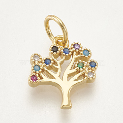 Brass Micro Pave Cubic Zirconia Charms, Tree, Colorful, Golden, 11x10.5x1.5mm, Hole: 3mm(X-ZIRC-S061-56G)