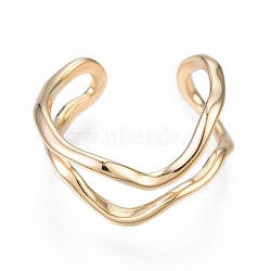 Brass Double Line Wave Open Cuff Ring for Women, Nickel Free, Real 18K Gold Plated, US Size 6 1/4(16.7mm)(RJEW-T001-89G)