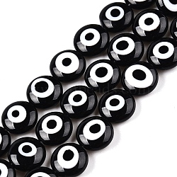 Handmade Evil Eye Lampwork Beads Strands, Flat Round, Black, 10x4.5mm, Hole: 0.9mm, about 39~41pcs/strand, 15.47~15.71 inch(39.3~39.9cm)(LAMP-N024-27A-02)