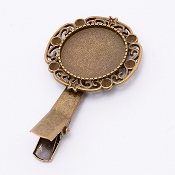 Zinc Alloy Alligator Hair Clip Findings, Cabochon Settings, For DIY Hair Accessories Making, Flat Round, Antique Bronze, Tray: 20mm, 52x30x11mm