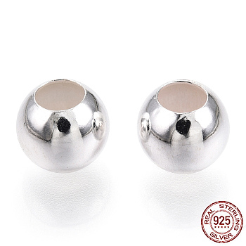 925 Sterling Silver Beads, Round, Silver, 7x6.5mm, Hole: 3.5mm