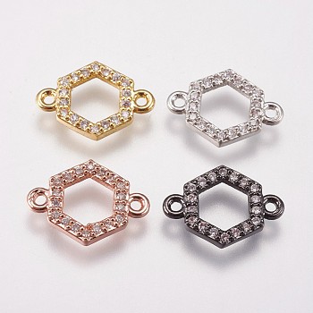 Brass Micro Pave Cubic Zirconia Links, Hexagon, Clear, Mixed Color, 10x14x2mm, Hole: 1mm