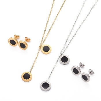 304 Stainless Steel Enamel Jewelry Sets, Pendant Cable Chains Necklaces and Stud Earrings, with Lobster Claw Clasps and Ear Nuts, Flat Round with Roman Numerals, Mixed Color, 17.11 inch(45cm), 11mm, Pin: 0.7mm
