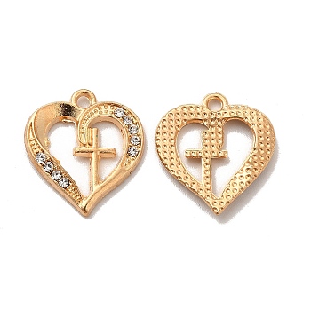 Alloy Rhinestone Pendants, Heart with Cross Pattern Charms, Religion, Golden, 19.5x17.5x2.5mm, Hole: 1.5mm