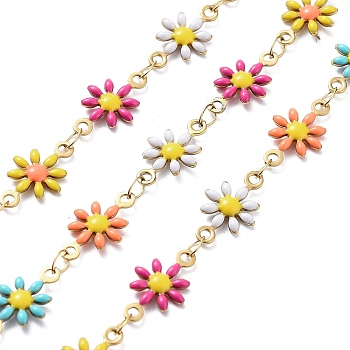 304 Stainless Steel Link Chains, with Resin & Enamel & Spool, Unwelded, Real 18K Gold Plated, Flower, Colorful, 12.5x7x2mm, about 32.81 Feet(10m)/Roll