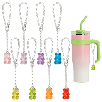Bear Transparent Resin Cup Pendant Decorations, with 304 Stainless Steel Cable Chain, Mixed Color, 164mm, 8 colors, 2pcs/color, 16pcs/set