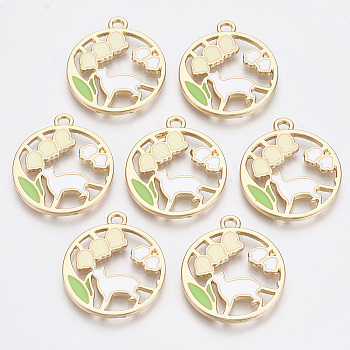 Alloy Pendants, with Enamel, Round Ring with Cat Shape and Flower, Golden, Colorful, 25x21.5x1.5mm, Hole: 2mm