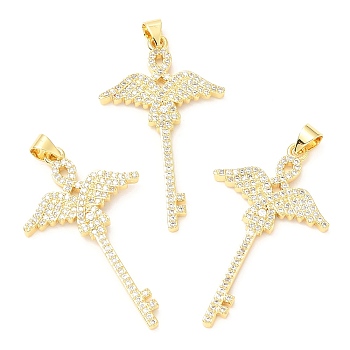 Rack Plating Brass Micro Pave Cubic Zirconia Pendants, Long-Lasting Plated, Lead Free & Cadmium Free, Wing, Real 18K Gold Plated, 38x22.5x2.5mm, Hole: 4x3.5mm
