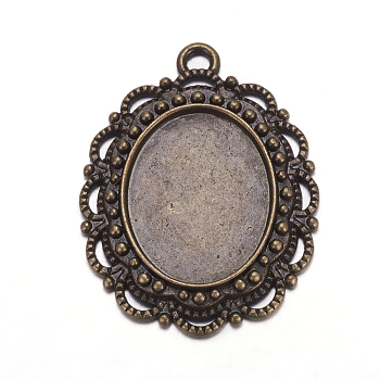 Metal Alloy Pendant Cabochon Settings, Setting for Cabochon, Cadmium Free Nickel Free & Lead Free, Flower, Antique Bronze, Oval Tray: 14x18mm, 31x23x3mm, Hole: 2.5mm