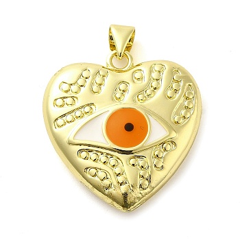 Real 18K Gold Plated Brass Pendants, with Enamel, Heart with Eye Charm, Dark Orange, 25x23.5x6mm, Hole: 5x3.5mm