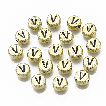 Plating Acrylic Beads, Horizontal Hole, Flat Round with Letter, Golden Plated, Black, Letter.V, 7x4mm, Hole: 1.2mm.